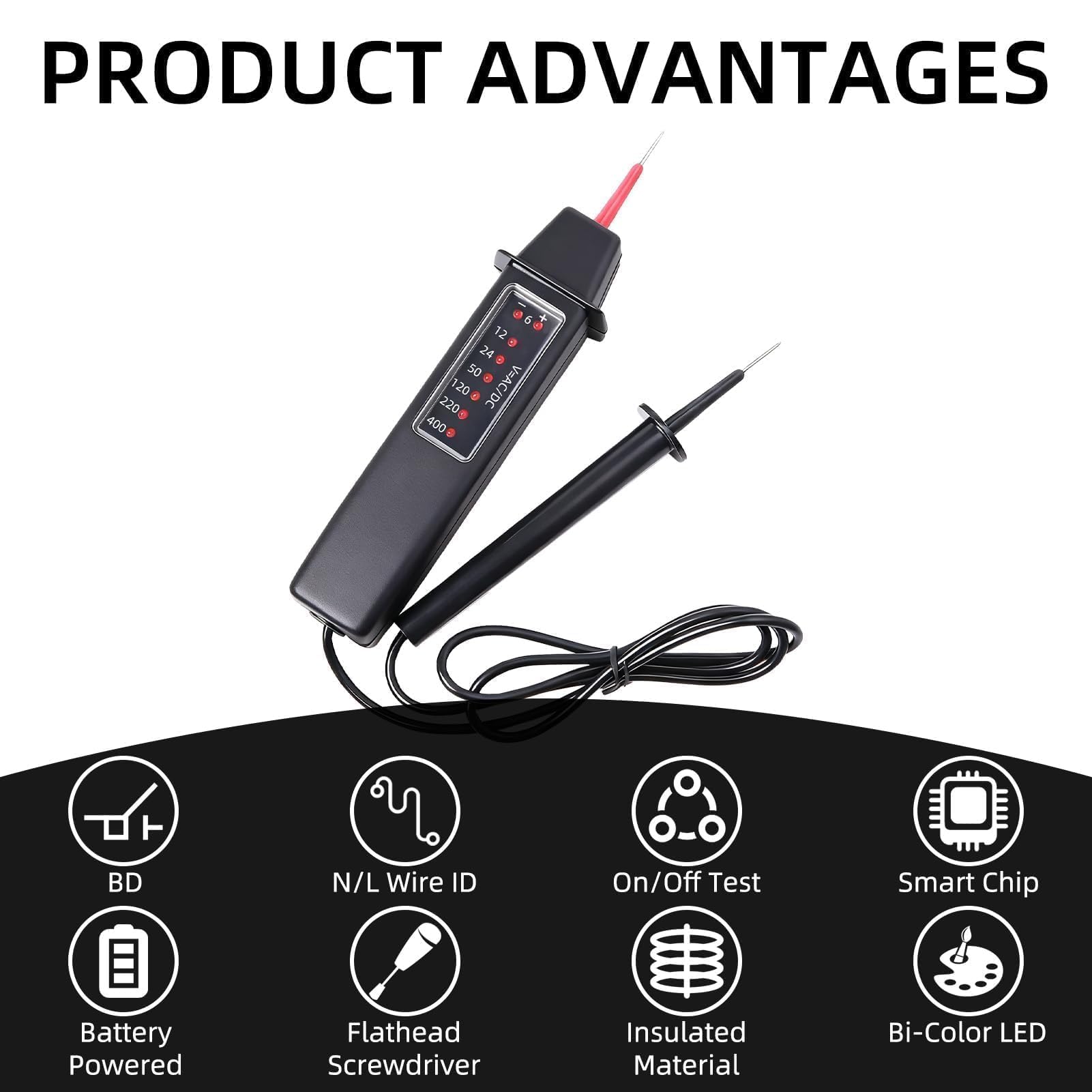 Comprobador de Tension Bipolar 6v - 400V (AC)/ 6v - 500V (DC) Comprobador de Corriente Buscapolos Electricista Probador de Voltaje LED sin Batería Detector de Voltaje Profesional