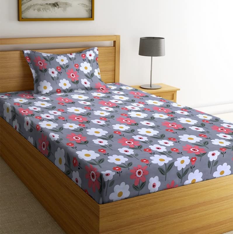 NHD HOME Premium Cotton Printed Single Bedsheet with One Pillow Cover for Coat/Diwan/ 4x6 Bed 180 Tc (150x225 cm, Pink & Grey Flower) बेडशीट (B0BRTNXYL9) Amazon Price History, Amazon Price Tracker