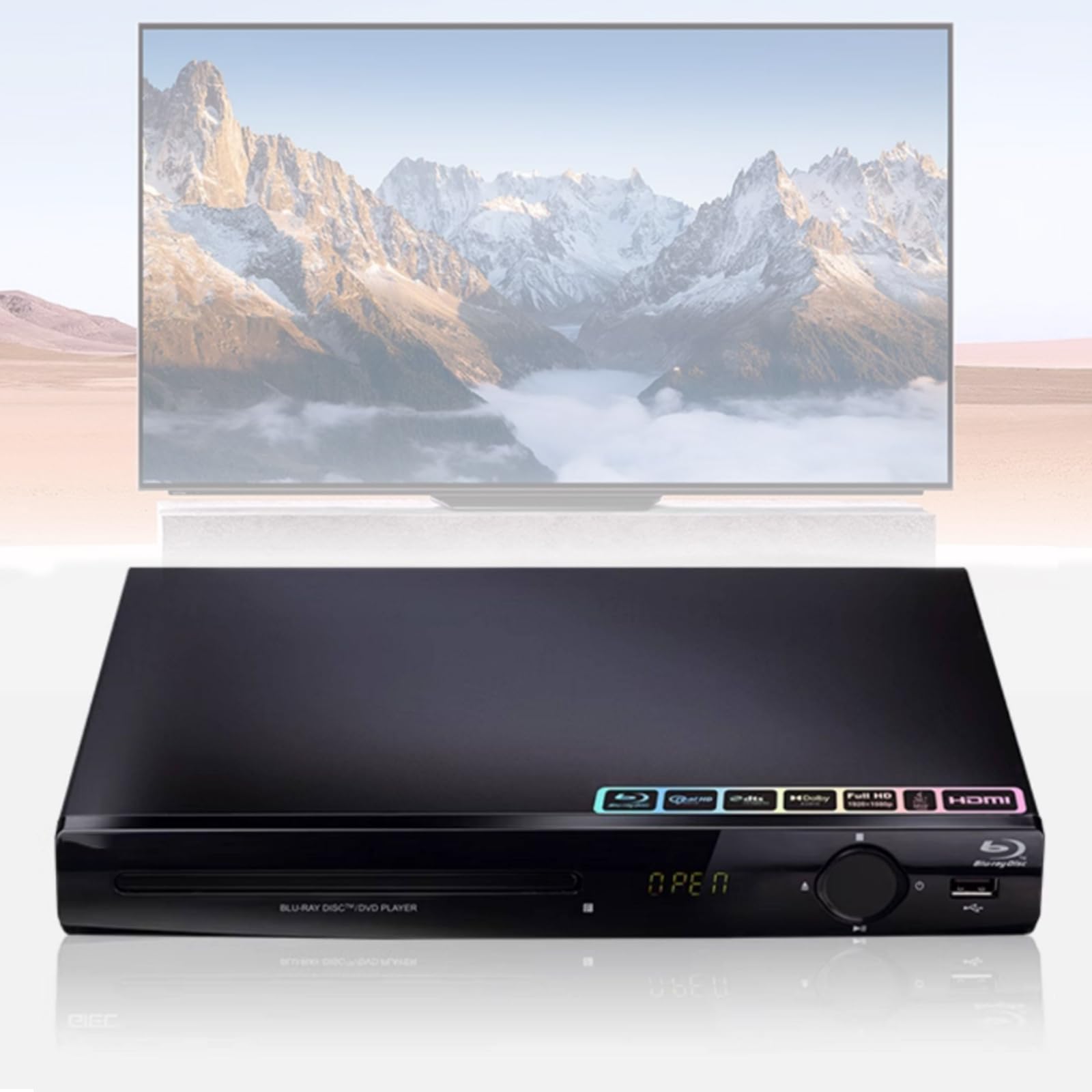 Odtwarzacz DVD bez regionu 1080P, odtwarzanie HDMI, wejście USB, obsługuje DVD, CD i VCD, zawiera kabel HDMI i pilot zdalnego sterowania do domowej rozrywki