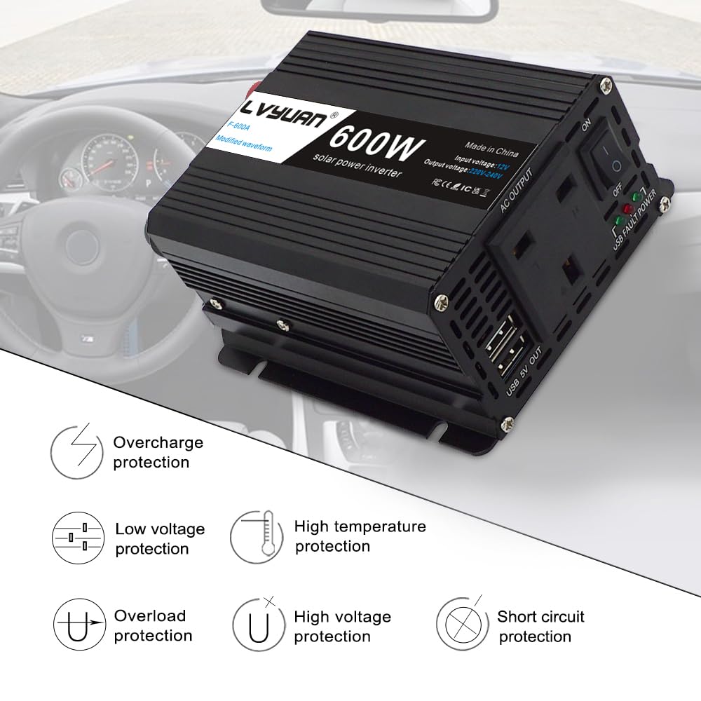Inversor de corriente de 600 W CC 12 V a CA 230 V 240 V 3 en 1 cargador de coche encendedor de cigarrillos + enchufe de CA + dos puertos de carga USB convertidor de voltaje