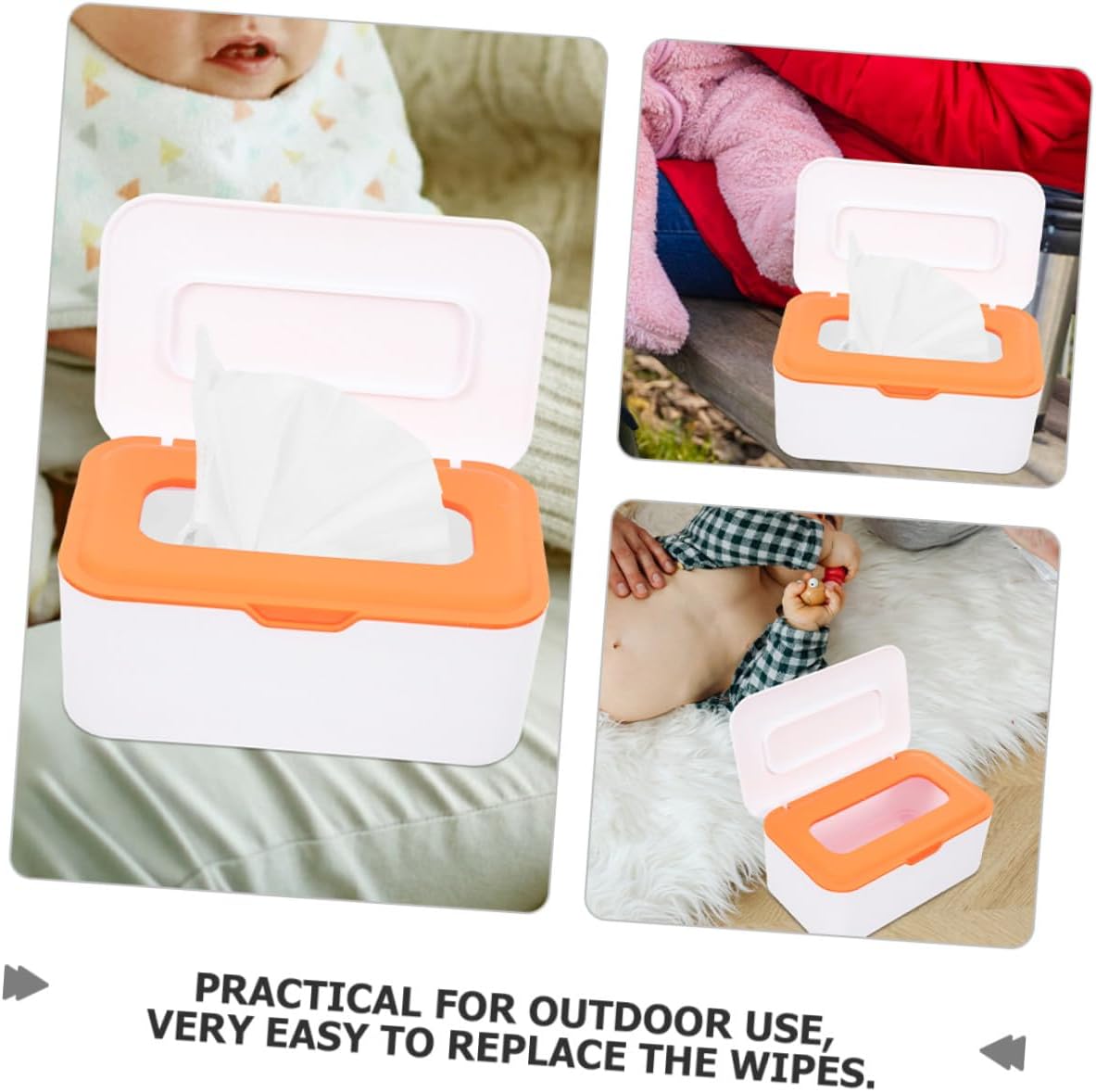 Wet Tissue Dispenser Box with Lid for Diaper Wipes, Rectangular Refillable Wipe Holder Container with Seal Design for Travel and Bathroom Use, 2pcs White and Orange