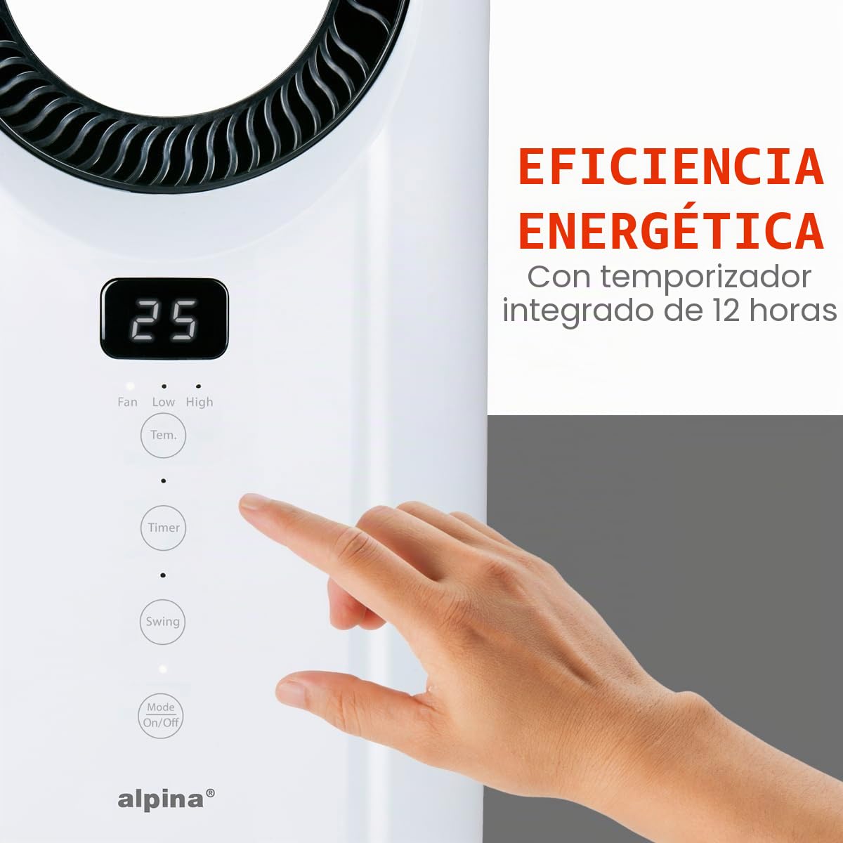alpina Calefactor eléctrico y ventilador de 1500 W – Radiador de cerámica con temporizador y mando a distancia – Radiador oscilante con función de refrigeración y calefacción – 18 x 18 x 37 cm
