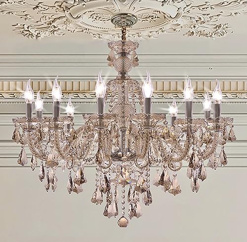 HungGwun Cognac 12 Lights K9 Crystal Chandelier Modern Luxurious Light Candle Pendant Lamp Ceiling Living Room Lighting for Dining Living Room Bedroom Hallway Entry 33x27 Inch Gifts (Cognac Color)