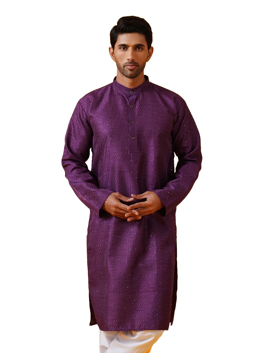 Sojanya (Since 1958 Men's Silk Bend Krochet Thread Embroidered Violet Long Kurta