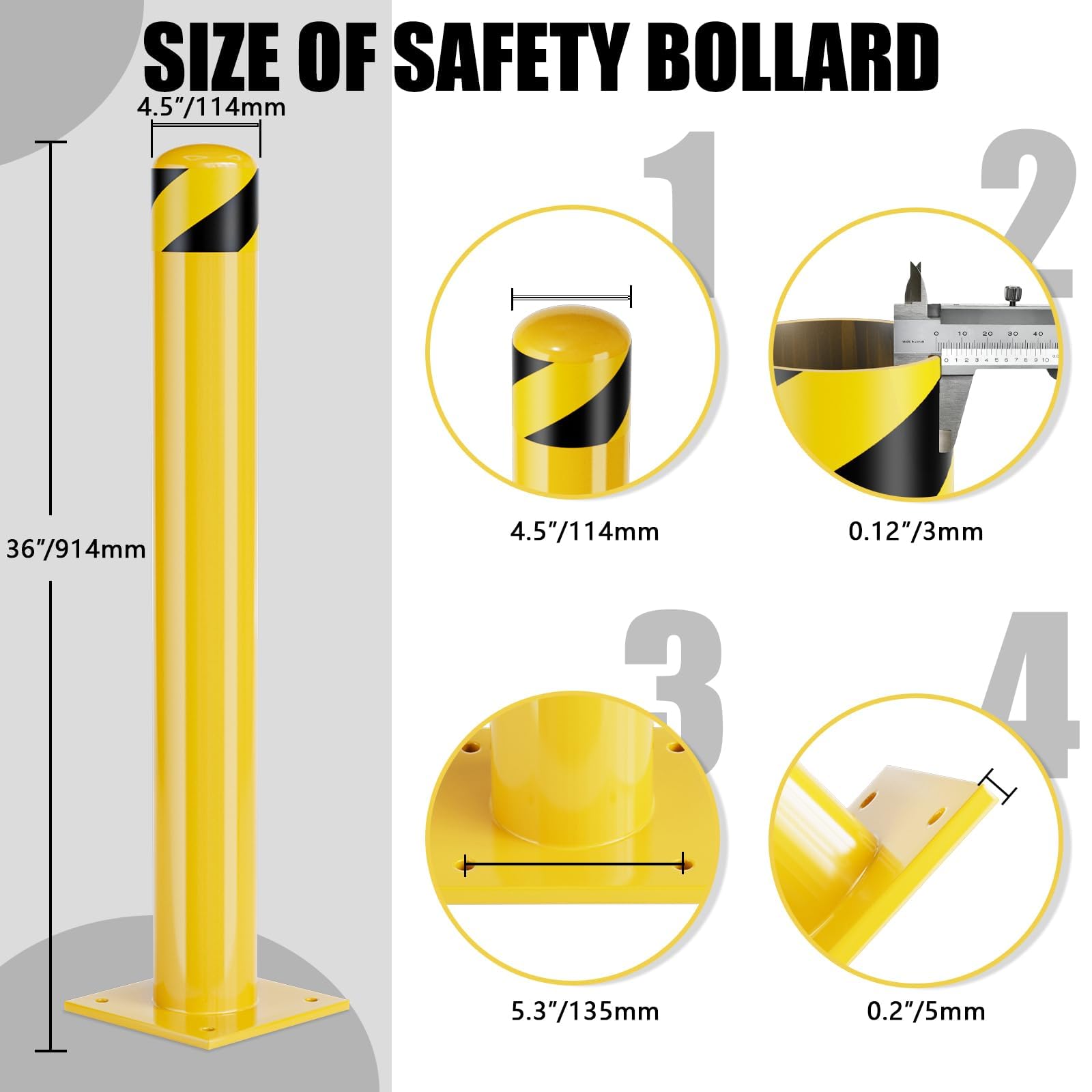 Absperrpfosten Poller 91 cm H | Verstärkte Metall-Parkplatzsperre | Rammschutz-Poller | Gelbe Fahrbahnmarkierung Leitpfosten für Parkplatz (Φ11,4 cm, 2 Stk.)