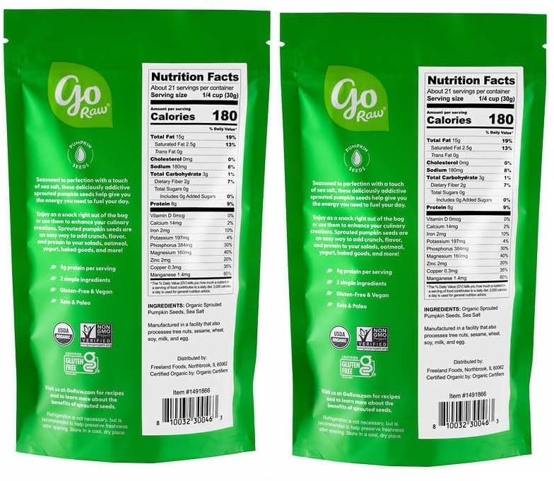 Go' Raw Sprouted Organic Pumpkin Seeds with Sea Salt, 22 oz Pack of 2