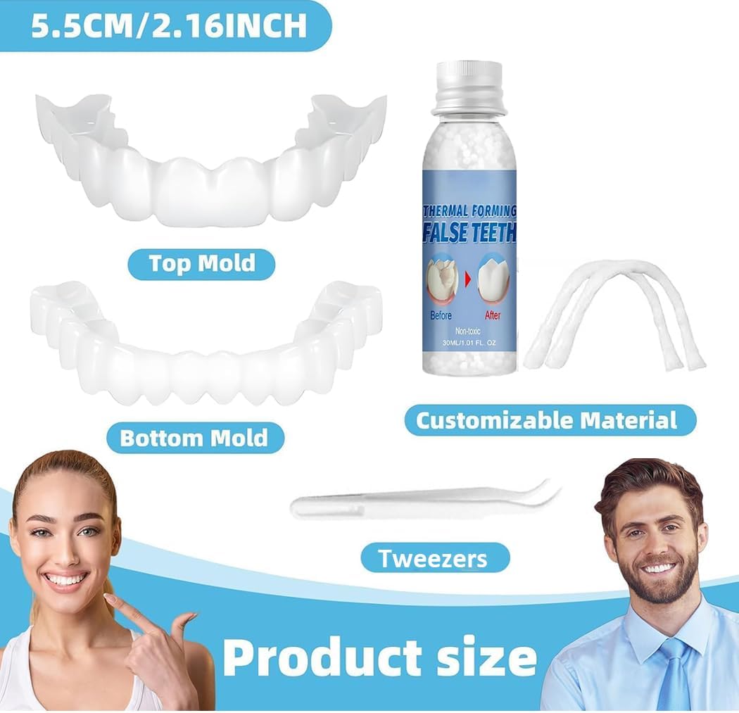 Temporary Instant Snap on Veneers Dentures, Natural Looking Top and Bottom Dentures Fake Teeth, Comfort Fit for Men and Women