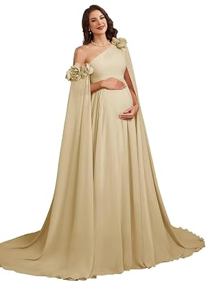 One Shoulder Chiffon Maternity Dresses for Photoshoot Cape Sleeve 3D Floral Long Photography Baby Shower Dress