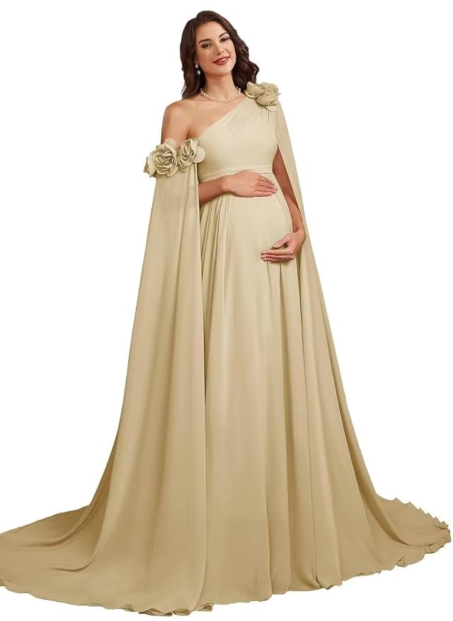 One Shoulder Chiffon Maternity Dresses for Photoshoot Cape Sleeve 3D Floral Long Photography Baby Shower Dress