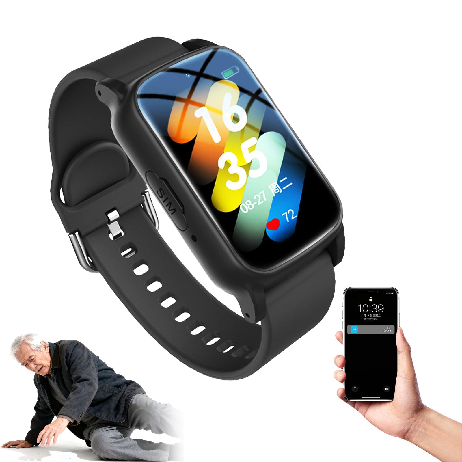 Montre Urgence Senior GPS, détection de Chute, géolocalisation, Vibration et Sonnerie, Double Fonction de Rappel, pour Les Seniors S5-Black