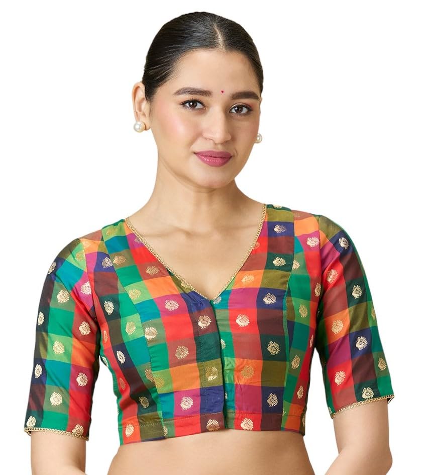 Multi-Coloured Traditional Art Silk Checkered 'V' Neck Saree Blouse with Peacock Motifs-image-17