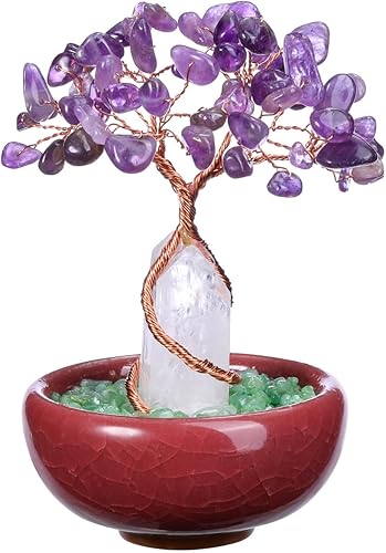 PESOENTH Árbol de dinero con cristales de amatista, árbol de la vida con piedras preciosas moradas Feng Shui con cuarzo transparente curativo,
