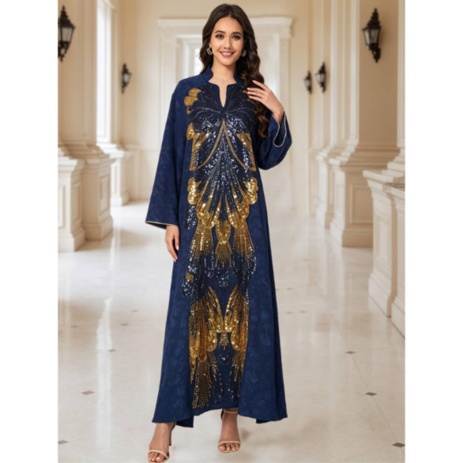 ANTTK - Maxi abito da donna caftano con perline e paillettes ricamate, a