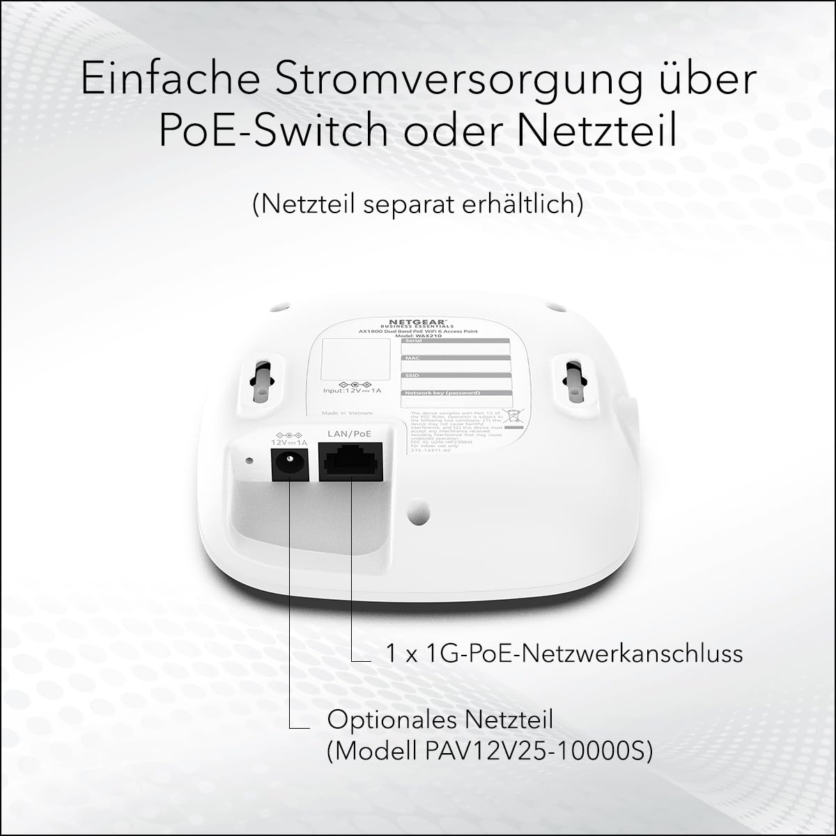 NETGEAR Wireless Access Point (WAX210) – WiFi 6-Dualband mit AX1800-Geschwindigkeit | 1 x 1G-PoE-Netzwerkanschluss | Bis zu 128 Geräte | 802.11ax | WPA3 | Bis zu 4 SSID-Netzwerke, ohne Netzteil