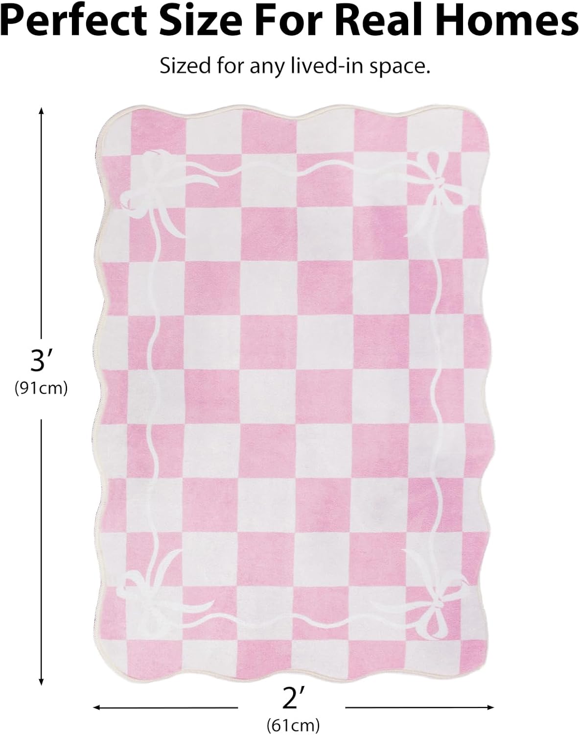 Checkered Bow Rugs for Entryway 2X3, Pink Rug for Bedroom Girls, Washable Small Indoor Door Mat, Soft Low Pile Non Slip Cute Scalloped Rug for Kitchen Bathroom Entrance Nursery Dorm