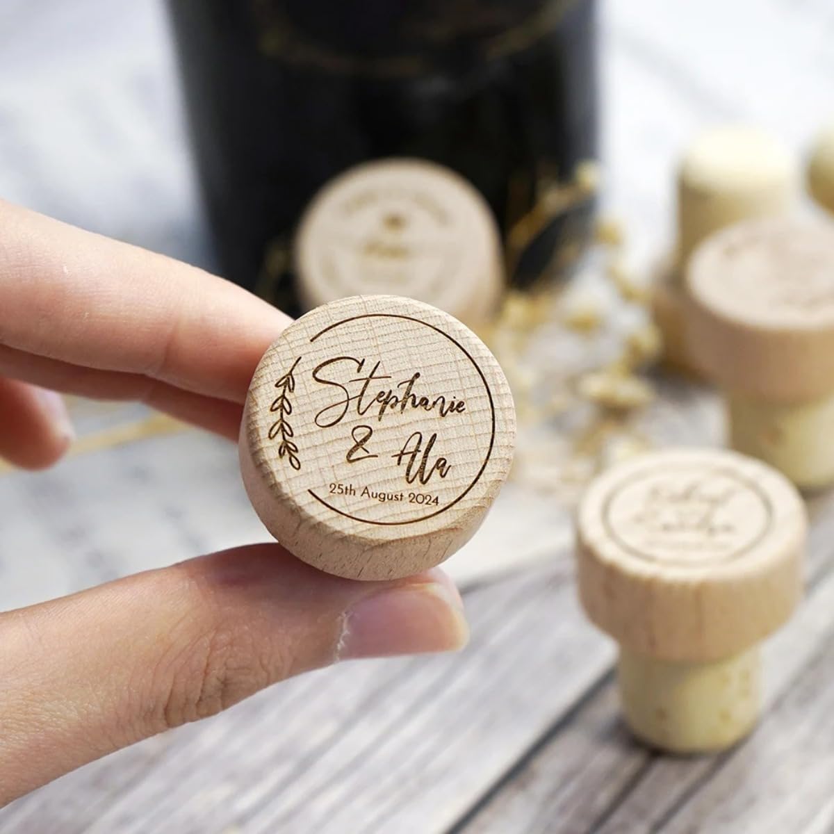 Tapones personalizados para botellas de vino de madera grabados con láser, tapón de corcho para recuerdos de boda, fiesta para invitados (100 unidades)