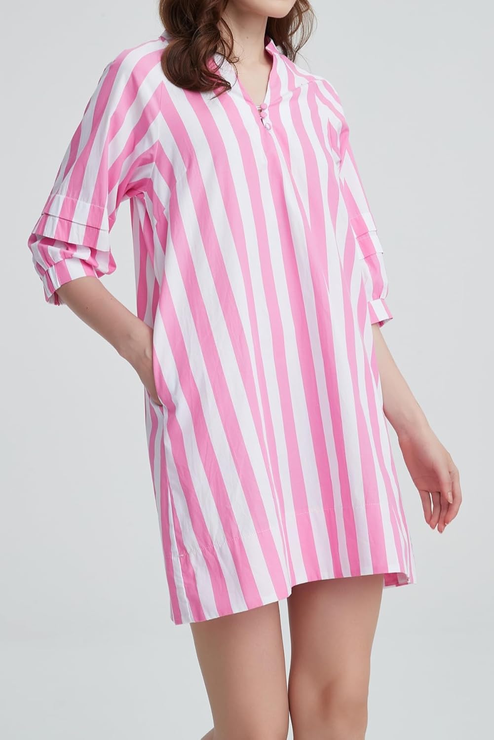 Womens Striped Mini Dress V Neck Casual Summer 3/4 Lantern Sleeves Loose Beach Tunic Shift Dresses - Image 2