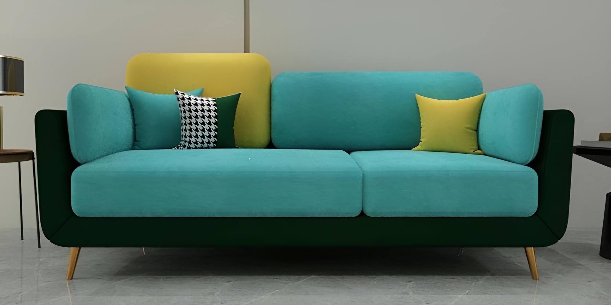 PREMIUM CART Velvet Contemperory Sofa Couch with Cushion Chaise Lounge Sectiona Sofa Perfect for Living Room & Bedroom Guests Home & Office (3 Seater Turquoise & Green)