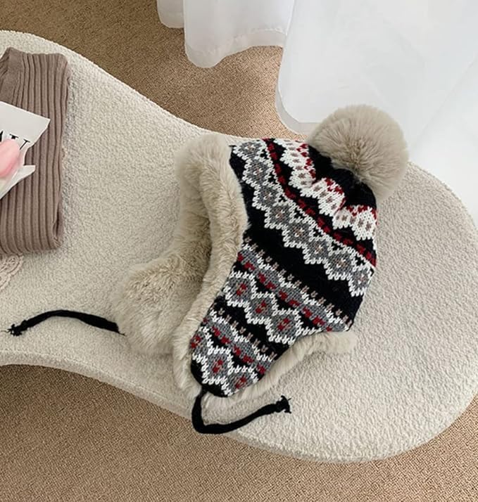 Holiberty Womens Winter Knit Beanie Hat Ladies Fur Pom Poms Ears Warm Slouchy Snow Ski Cap Fleece Thermal Ushanka Trapper Hat - Image 6