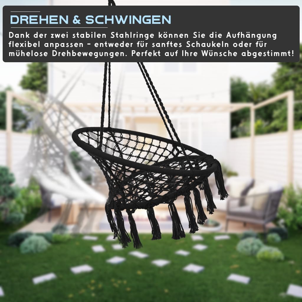 Hängesessel 200kg zum Aufhängen | Schaukelkorb | Hängekorb wetterfest | Hängestuhl Indoor & Outdoor (Schwarz)