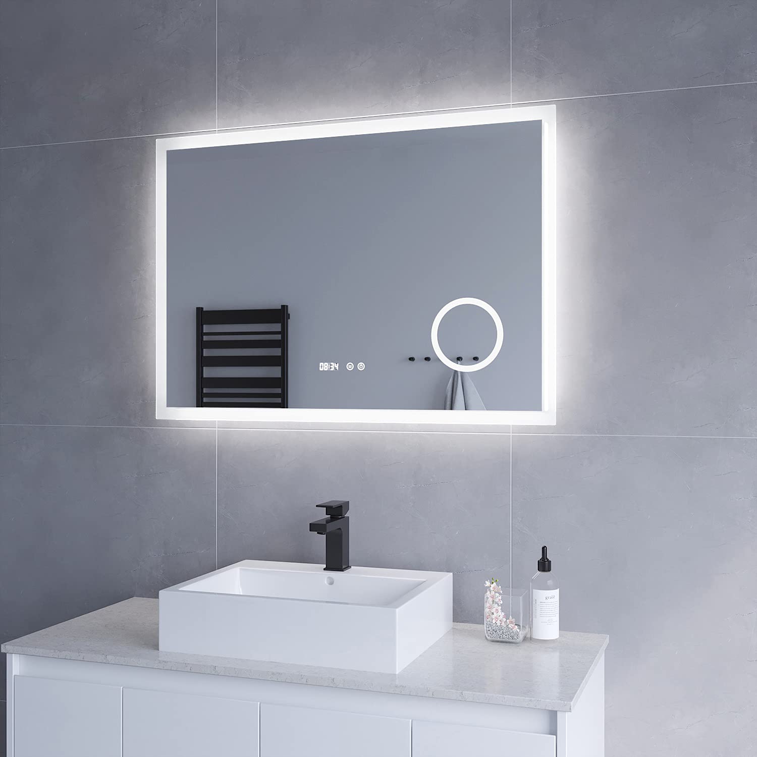 AQUABATOS Badspiegel mit LED Beleuchtung 100x70cm Badezimmerspiegel Uhrzeit Antibeschlag Dimmbar Touch Schalter Lichtspiegel Wandspiegel Kosmetikspiegel Kaltweiß für Wandschalter