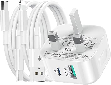 iPhone Charger Fast Charge, USB C Plug and 2Pack Cable for iPhone, USBC Cable 1M with USB to Lightning Charging Lead 1M for i Phone Apple 17/17 Air/17 Pro Max/16/15/14/13 12 11 X XR SE 8 7 6 5 i Pad,