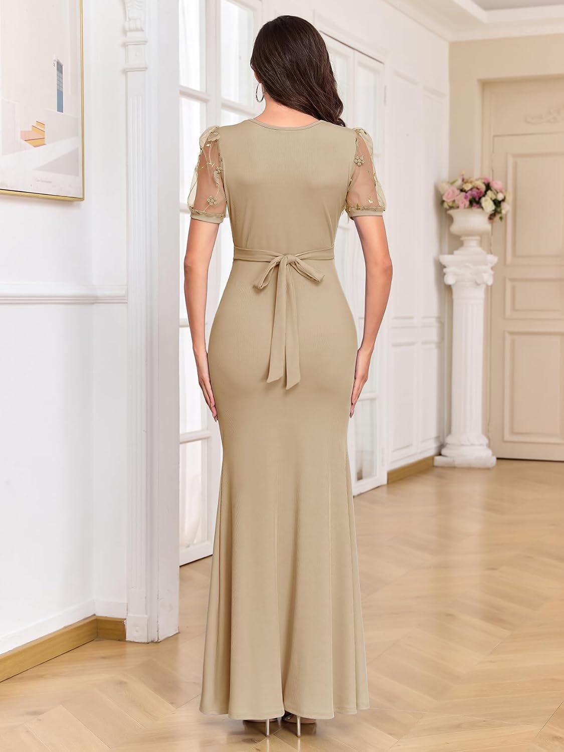 CYCLAMEN Ribbed Knit Maternity Mermaid Gown with Belt 3D Floral Mesh Sleeves Maxi Dress for Baby Shower Wedding Party