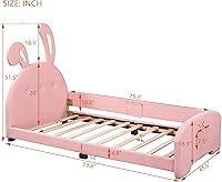 Vista 18 de Elegante cama de princesa tapizada de tamaño individual con cabecera corona, plataforma de piel sintética con soporte resistente de listones