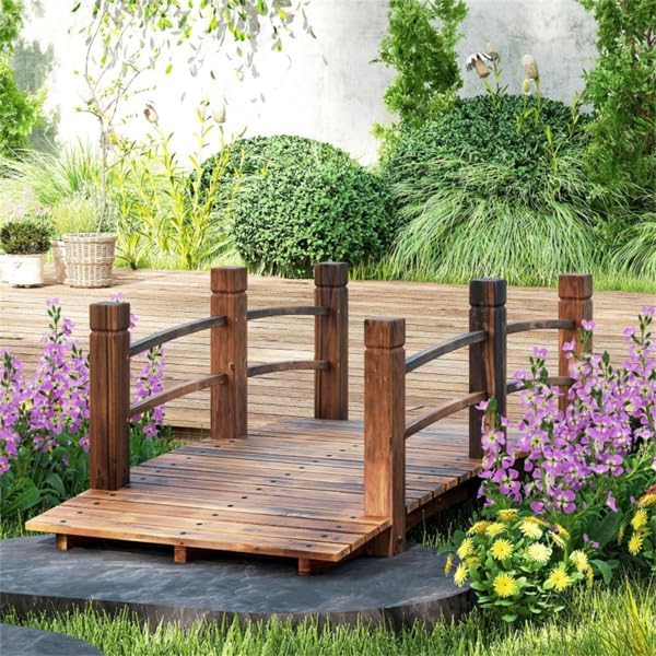 Wood Garden Bridge Classic Wooden Arch Stained Finish Footbridge with Safety Railings, 530 lbs Capacity, Decorative Pond Bridge Landscaping for Outdoor Yard Farm Garden Creek Ponds, Carbonized