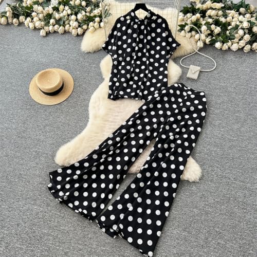 Casual Polka Dot Loose 2Pcs Suits Bow Lace-Up Tops+Wide Leg Long Pants Female Print Suits3