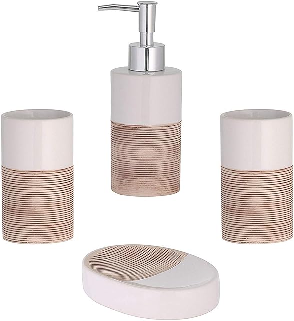 axentia Rimini Utensils-4-Piece Set Dispenser, Soap Dish and Toothbrush Cups-Bathroom Accessories Refillable, Ceramic, Beige/White, 1 x 1 x 1 cm