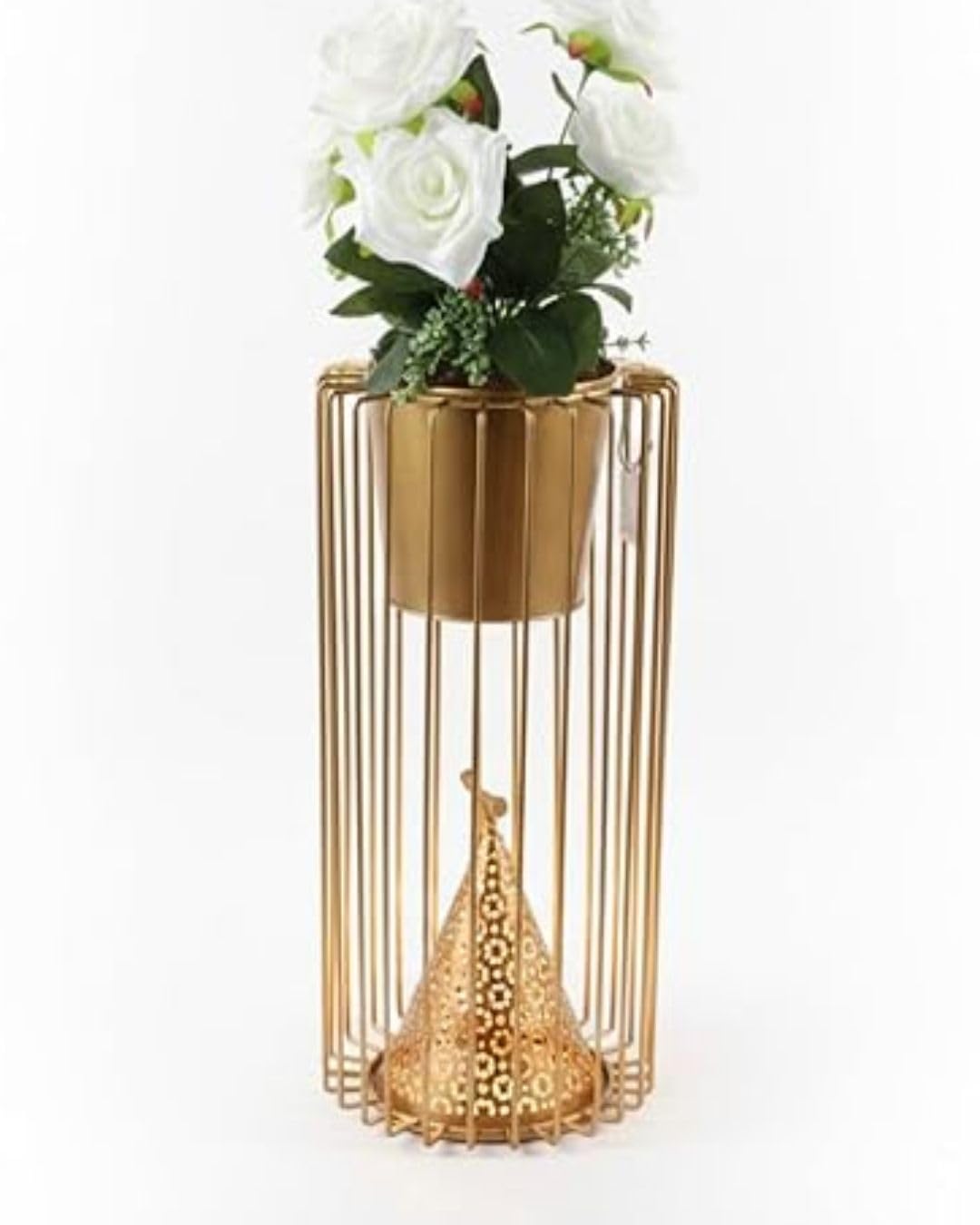 Decorative Gold Metal Planter with LED Candle Stand | Modern Floor & Table Flower Pot Holder | Artificial Rose Plant for Living Room, Bedroom, Office & Gifting-image-10