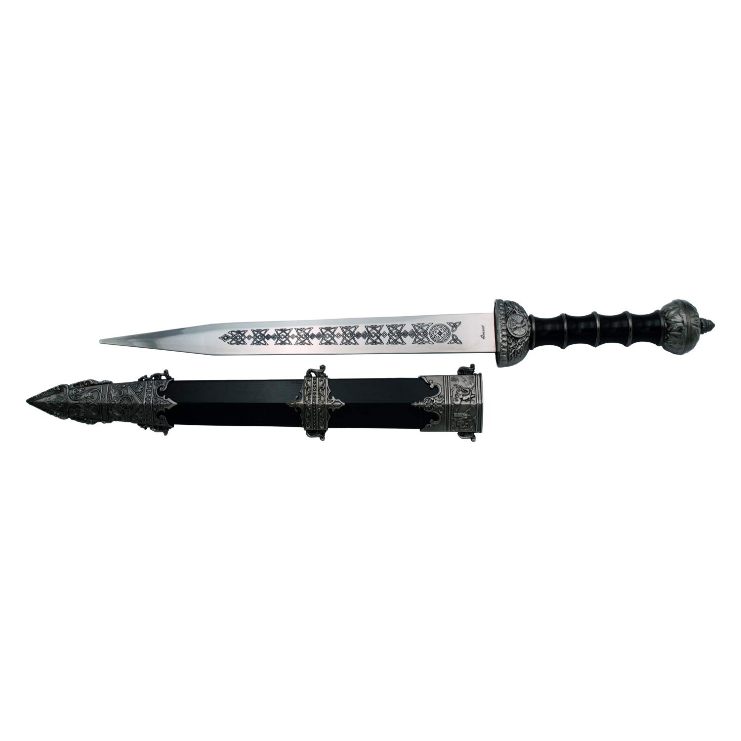 AMONT Dolch Gladius Bordeauxrot S0178BK, Knopf und Schutz sind nickelfarben, schwarzer Griff und Nickelstreifen, Gesamtgröße 46,5 cm, Stahlklinge, Schwarze Scheide mit Nickeloberfläche.