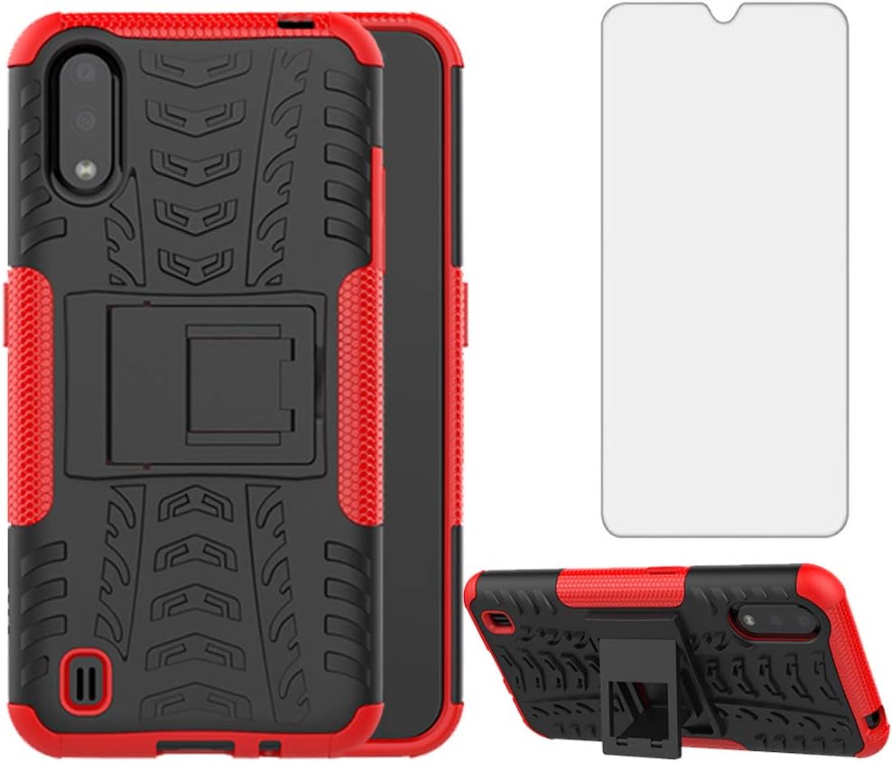 Phone Case for Samsung Galaxy A01 with Tempered Glass Screen Protector Cover and Stand Kickstand Hard Rugged Hybrid Protective Cell Accessories Glaxay A 01 Gaxaly 01A S01 Cases Women Men Black Red