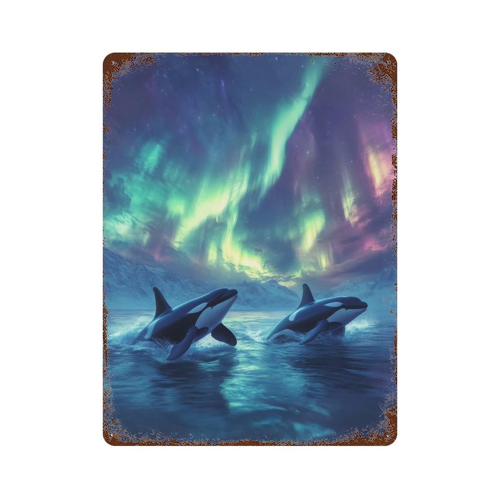 Orcas Under Aurora Borealis Rust Effect Tin Sign 15.7"x11.8", Farmhouse Wall Decor for Farmhouse, Kitchen And Entryway Decor