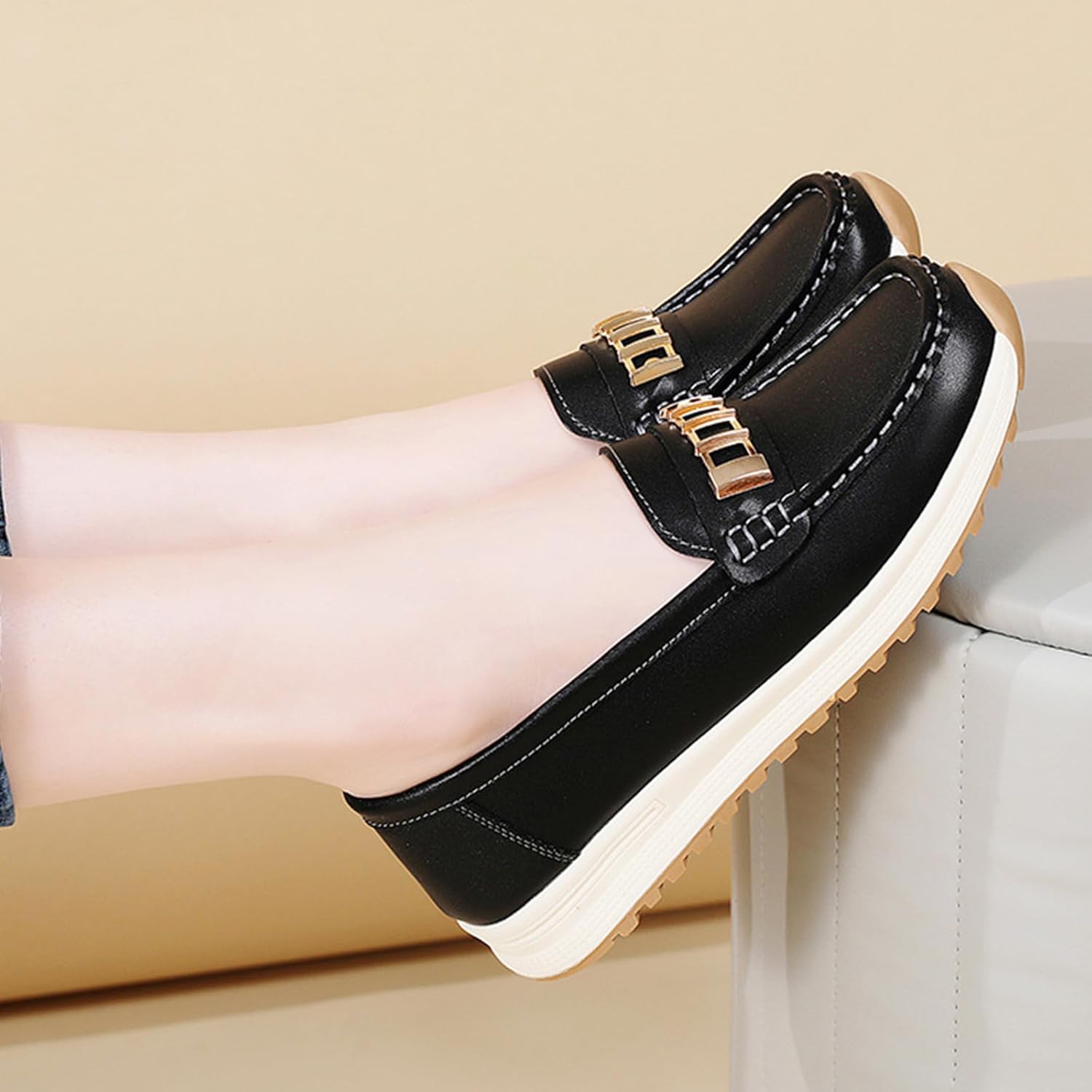 Womens Leather Slip On Loafers with Metal Decor Comfortable Round Toe Thick Sole Business Penny Shoes for Work Office Daily Casual - Image 3