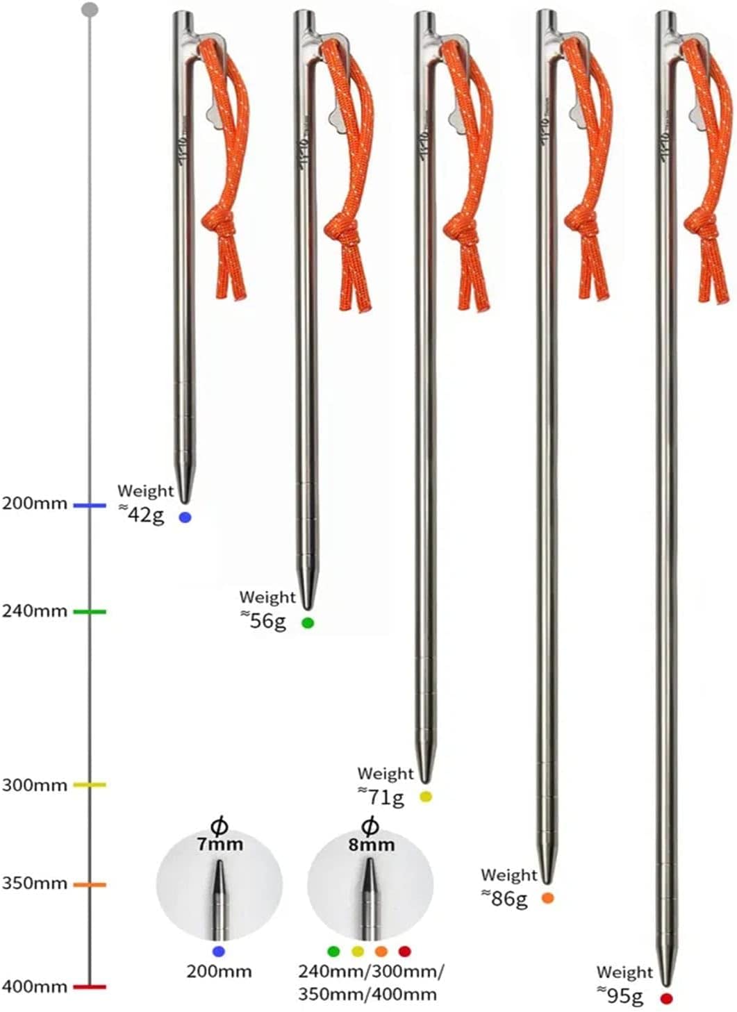 Tytanowe śledzie do namiotu kempingowego 6-częściowe śledzie do namiotu do kołków kempingowych na zewnątrz (8 x 240 mm) (8 * 350 mm)