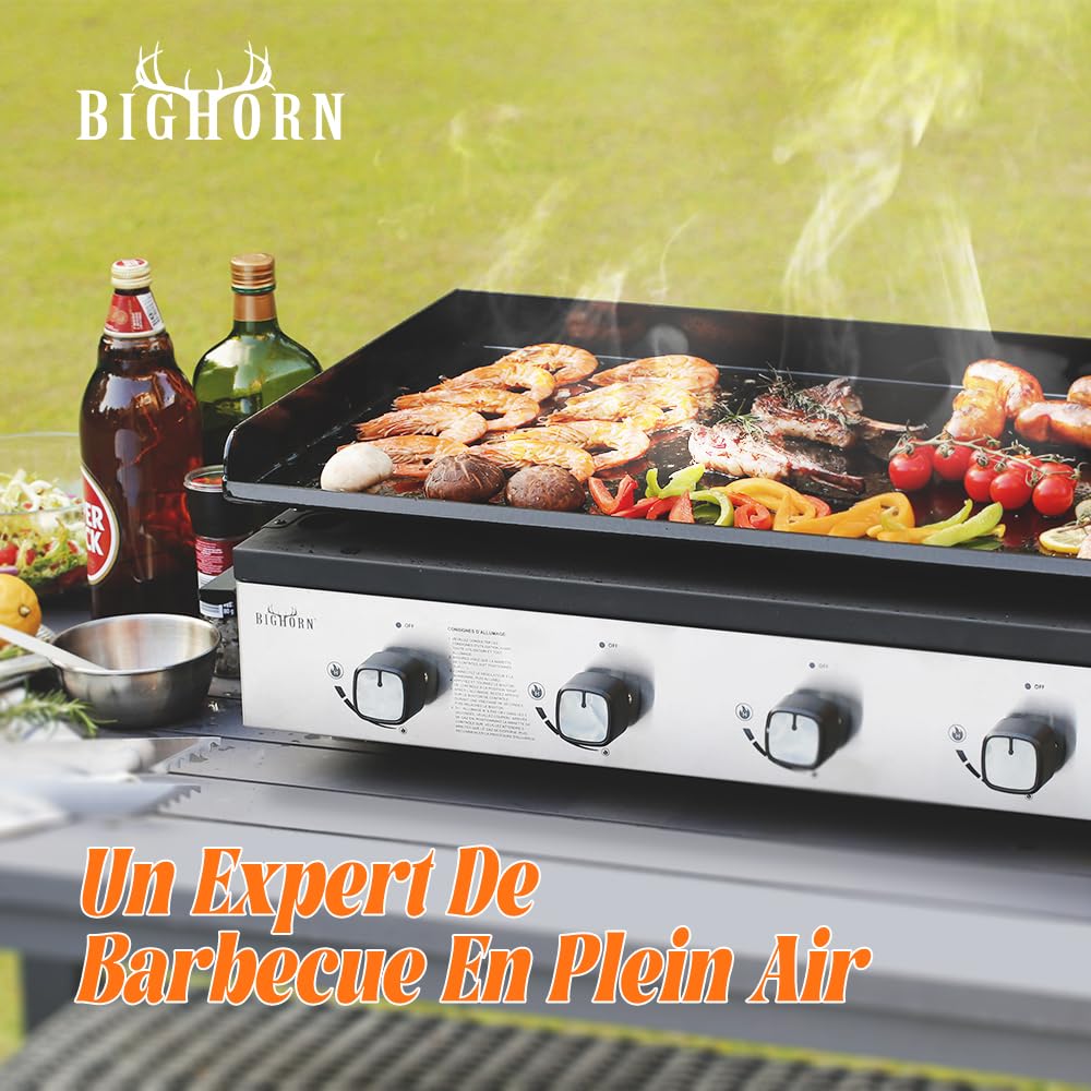BIGHORN Plancha à gaz de 10kw,Grande surface de cuisson avec 4 brûleurs individuels，Plancha portable et extérieur