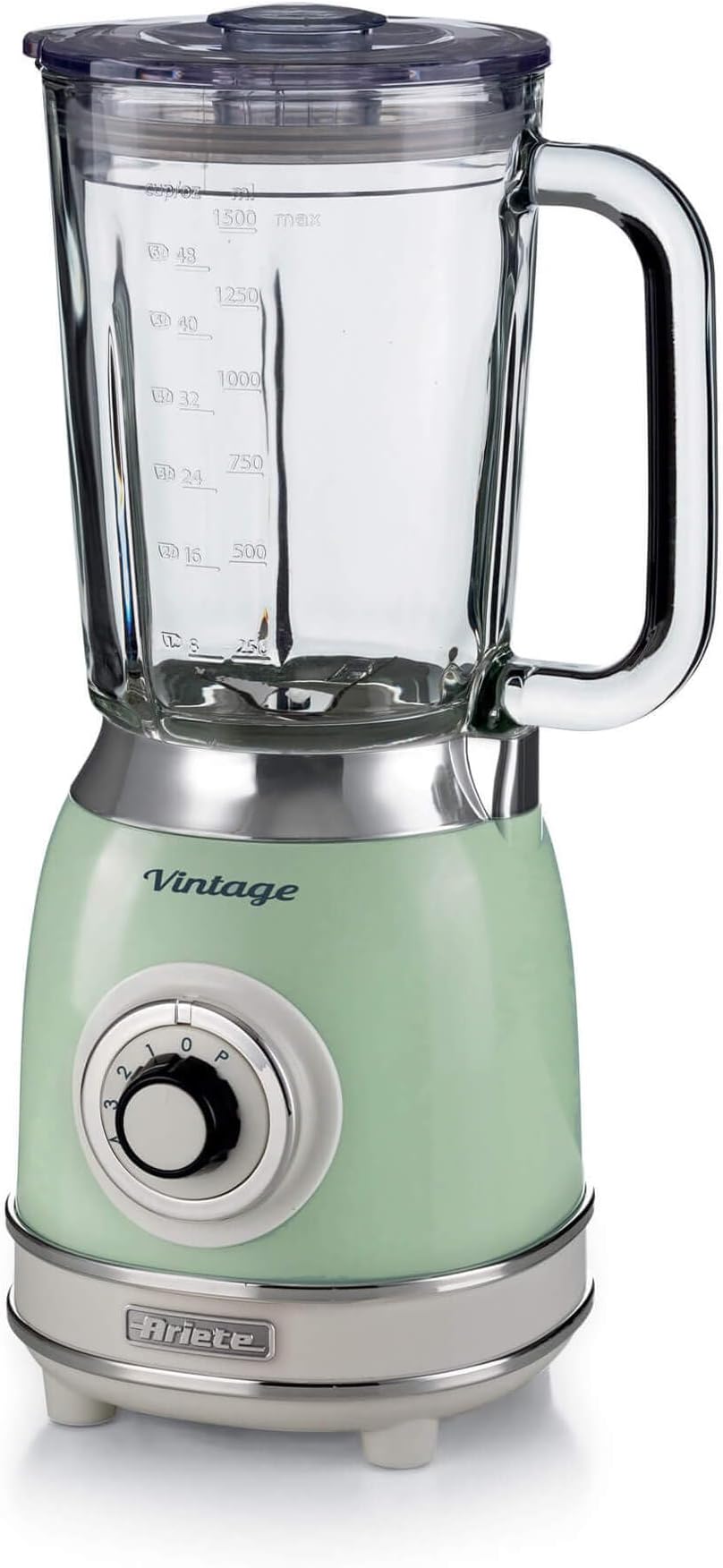 Ariete Vintage 58304 Glass Jug Blender, 1000W, 1.5 Litre Capacity Glass Jug, 4 Speeds + Pulse, Ice Crush Function, Anti Slip Feet, Stainless Steel Blades, Green (by Delonghi Group)