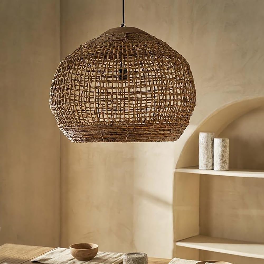 XQIDIANAA Farmhouse Pendant Light Large Dome Handwoven Ceiling Mounted Rattan Chandelier Shades,Coastal Beach Hanging Light Fixture for Kitchen,Dining,Living Room