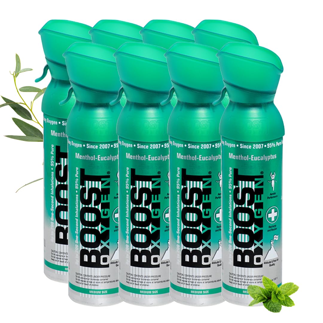 Czysty tlen w puszce – 40 litrów MENTOLOWY EUKALIPTUS naturalnego, 95% czystego tlenu w przenośnym 5 litrowym pojemniku na ponad 800 inhalacji.