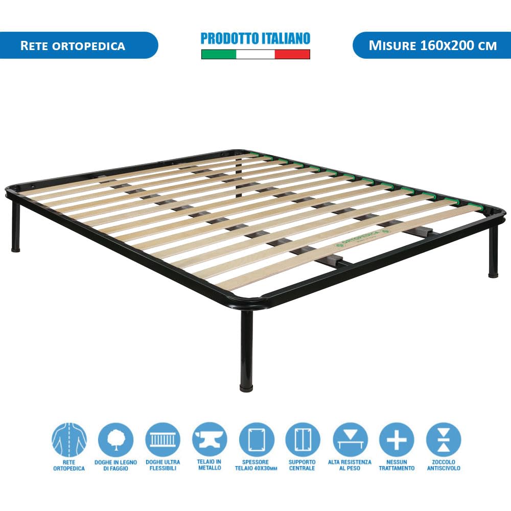 Comprarredo Rete matrimoniale 160x200 doghe strette in legno con doppio rinforzo, struttura e piedi in metallo, made in Italy rete letto ortopedica matrimoniale
