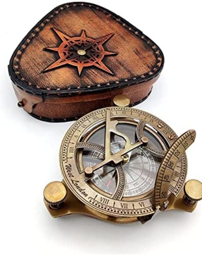 Vintage Nautical West London Sundial Compass 4'' inches Premium Quality Handcrafted Brass Compass with Hand Stitched Leather Case Box Maritime Decor Gifts Steampunk