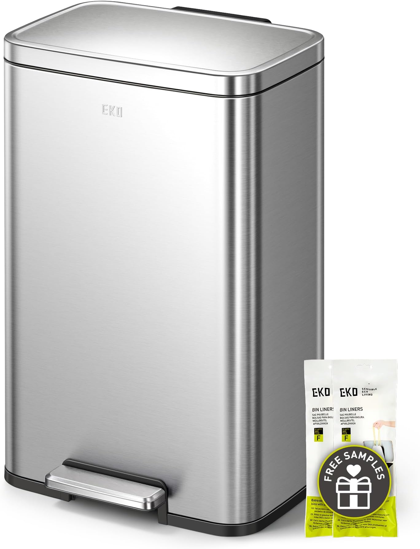 EKO Madison Brushed Stainless Steel 13.2 Gal/50L Kitchen Step Trash Can or Recycling Bin, Removable Inner Liner, Soft Close Lid, Fingerprint Resistant Finish