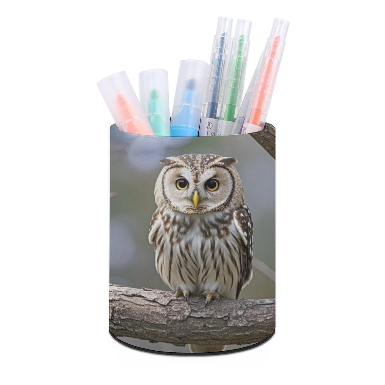 JTREHY Round Pen Holder,Cute Owl Printed Makeup Brush Storage Box for Home Office Dressing Table