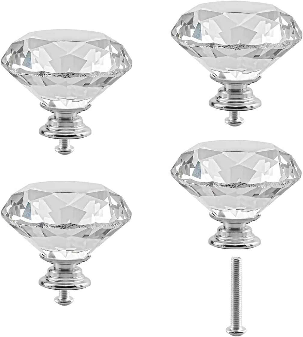 Crystal Cabinet Knobs 8Pack Clear Glass Diamond Shape Drawer Knobs 50mm Diamond Dresser Pulls Door Knobs Cabinet Pulls Cupboard Wardrobe Handles for Kitchen Office Cupboard Drawers (Silver, 8 PCS)