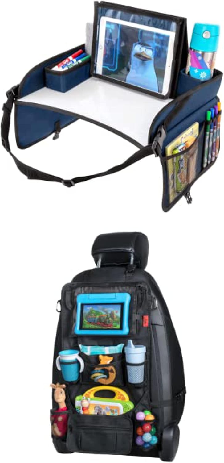 Lusso Gear Kids Travel Tray (Blue) + Heavy Duty Car Seat Organizer (Black), Extra Large for Protection, Sag Proof & Reinforced Corners, Protects iPad & Backseat, 12 Versatile Car Seat Organizer Storag