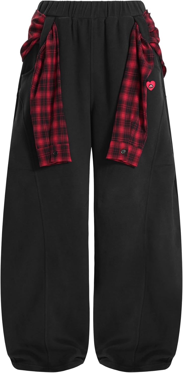 Aelfric Eden Baggy Barrel Sweatpants Women Plaid Belt Shawl Wide Leg Pants Casual Unisex Y2K Elastic Lantern Trouser Pants
