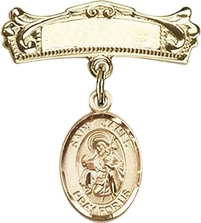 14kt Yellow Gold Baby Badge with St. James the Greater Charm and Arched Polished Badge Pin 7/8 X 3/4 inches