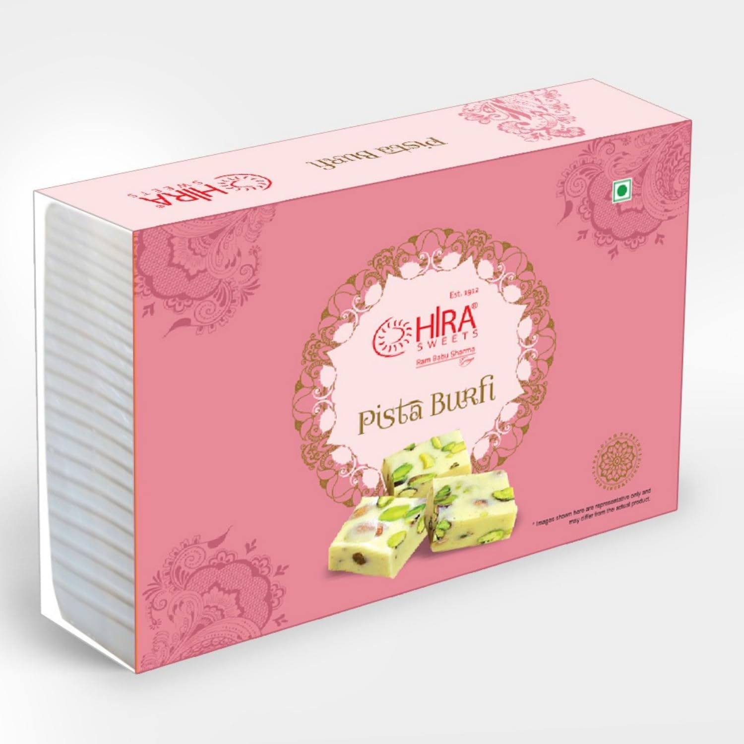 HIRA SWEETS Pista Burfi 500gm | Traditional Mithai | Barfi Sweets | Indian Mithai Gift Pack | Made With Pure Desi Ghee Finest Pistachios | Indian Sweets | Festive Sweet Gift Box